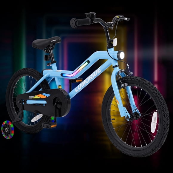 OLAKIDS Vélo pour Enfants, Vélo pour Tout-Petits de 16 à 18 Po avec Roues Stabilisatrices, Cadre à Lumière DEL Clignotante, 7 Modes d'Éclairage, Bicyclette pour Enfants avec Selle, Guidon et Béquille Réglables pour Filles et Garçons