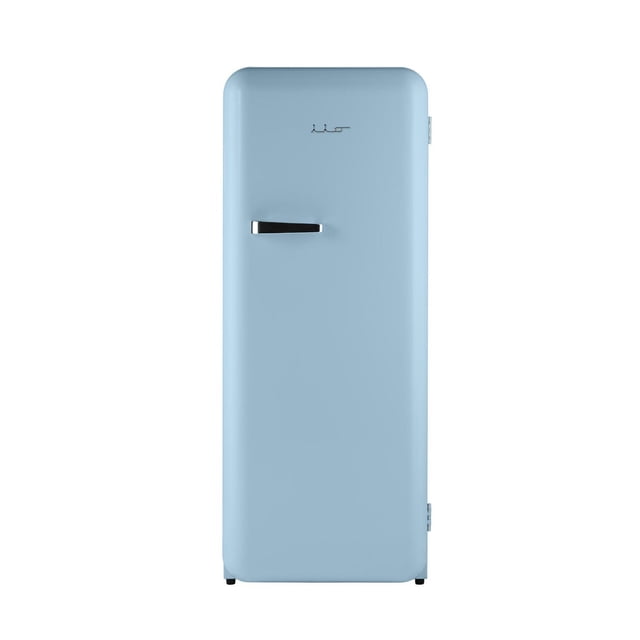 iio 10 Cu. Ft. Retro Refrigerator with Freezerette in jet black, front-facing view showing a smooth curved steel door with a bold chrome handle and the iio logo near the top, compact vintage-style fridge with rounded edges, adjustable shelves, and a small freezerette, suitable for kitchens or apartments