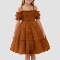 thumbnail image 2 of YDFCWXW Girls Cold Shoulder Shirred White Off Shoulder Ruffle Sleeve Summer A-Line Princess Sundress (Brown, 5-6 Years), 2 of 6