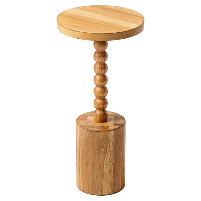 COZAYH Table d'Appoint Ronde Style Ferme pour Salons et Chambres, Brun. Cette Table d'Accent Compacte Présente un Dessus Rond en Bois MDF avec une texture de Bois Naturelle et une Finition Brun Chaud. Elle Est Soutenue par un Piédestal à Barreaux et une base Cylindrique en Bois Massif de Sapin pour la Stabilité. Idéale pour Tenir des Boissons, des Plantes, des Lampes Ou des Articles Décoratifs, Elle s'Ajuste Sans Couture à Côté des sofas, Chaises Ou Lits. Dimensions : 11 x 11 x 23,6 Pouces.