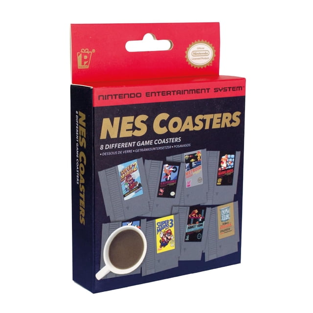 Nintendo Ensemble de sous-Verres en Cartouches NES Comprenant 8 sous-Verres à Thème de Jeu en Forme de Cartouches NES Classiques avec Étiquettes de Super Mario 2, Excitebike, Metroid, Mario Bros, Super Mario 3, Donkey Kong et The Legend of Zelda, Présentés dans un Emballage de Détail avec une Tasse à Café sur un sous-Verre, Convenant à Protéger les surfaces pendant les Repas et les Réceptions.