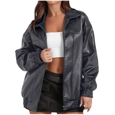 Moxiu Women's Faux Leather Jackets Boyfriend Long Sleeve Zipper Oversized Motorcycle Biker Coat Trendy Travel Casual Outfits 2025 Gray,XL