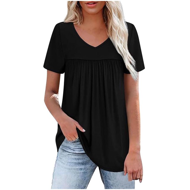 Timegard Womens Summer Tops Ruched Drop Shoulder V Neck Short Sleeve Casual Loose Comfy Blouse Tops