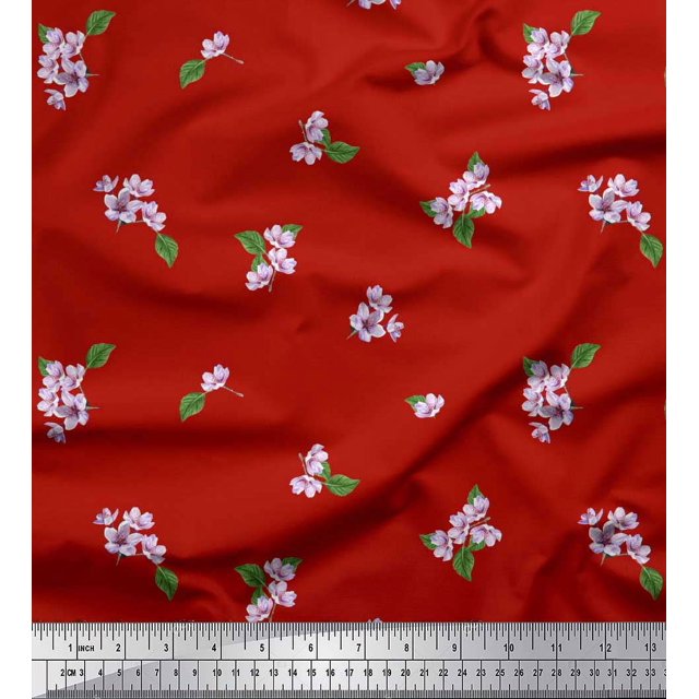 Soimoi Poly Georgette Fabric Leaves & Azalia Floral Printed Fabric 1 Yard 52 Inch Wide