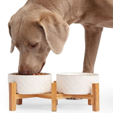 One Paw , Bols pour Chien en Céramique Texturée avec Support en Bambou, Antidérapants et Faciles à Nettoyer, 450 ml
