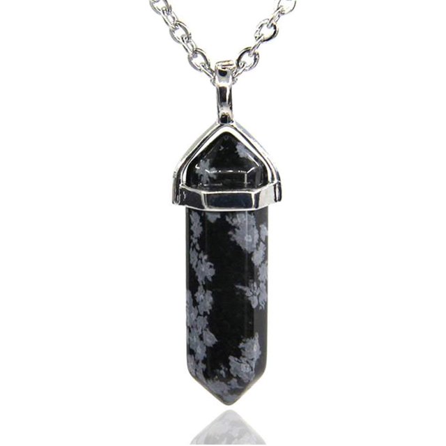 Collier Pendentif Reiki Chakra Hexagonal à Pointe Pointue en Pierre Précieuse d'Obsidienne Snowflake 20 Pouces