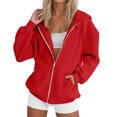 thumbnail image 4 of VINUSLI Womens Plus Size Hoodies Full Zip Solid Color Drawstring Lightweight Hoodie with Pocket Long Sleeve Fall Sweatshirt Red,M, 4 of 7