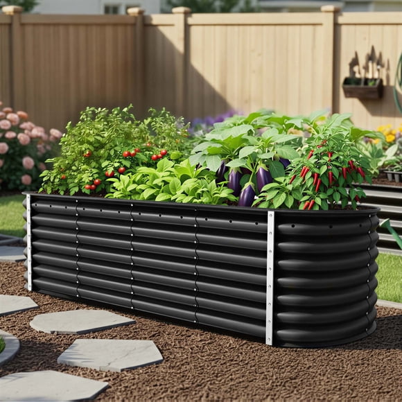 Dextrus Large Outdoor Raised Garden Bed Kit,Galvanized Garden Bed with Safety Rubber and Gloves,Ideal for Patio Planting of Vegetables, Flowers, Fruits-8ftx2ftx2ft,Black
