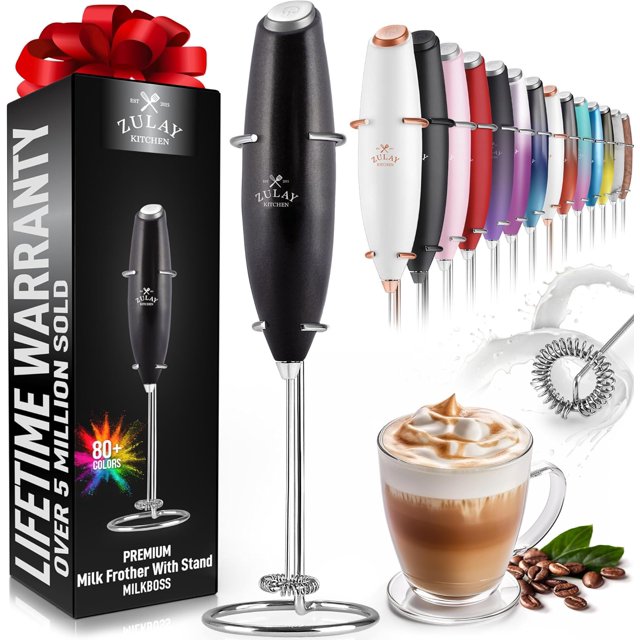 Zulay Powerful Milk Frother Handheld Foam Maker for Lattes - Whisk Drink Mixer for Coffee, Mini Foamer for Cappuccino, Frappe, Matcha, Hot Chocolate by Milk Boss (Metallic Black)
