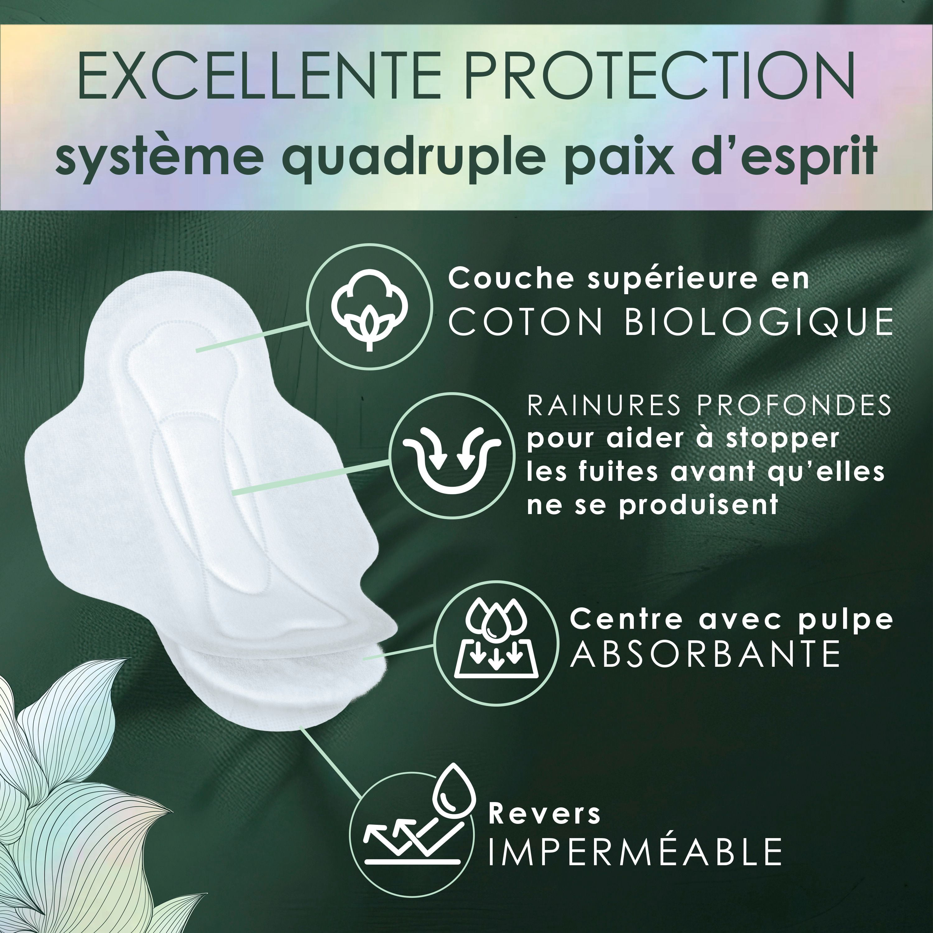 Serviettes menstruelles L. ultraminces pour femmes, degré d’absorption régulier, voile supérieur en coton biologique, avec ailes, 56 U