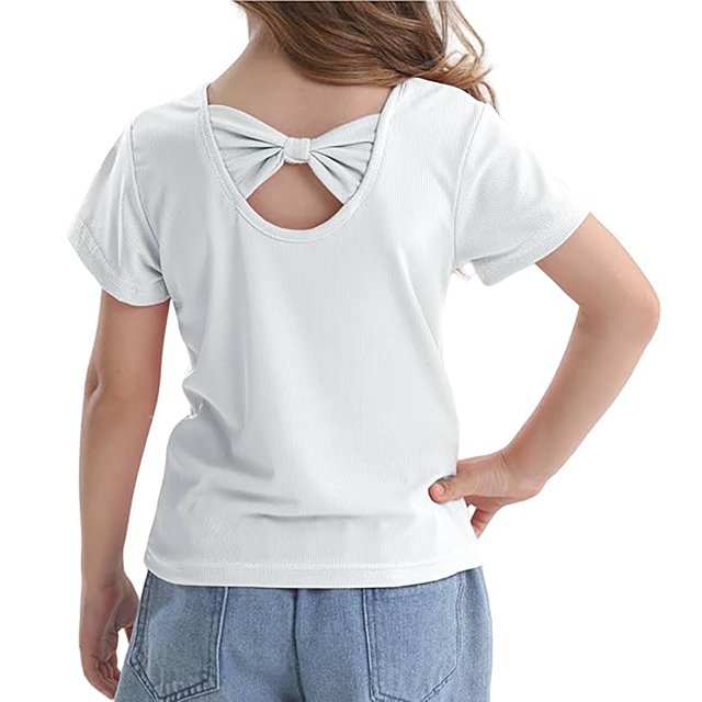 Girls Bow Back T Shirts Kids Ribbed Crew Neck Short Sleeve Tops Summer Trendy Tees