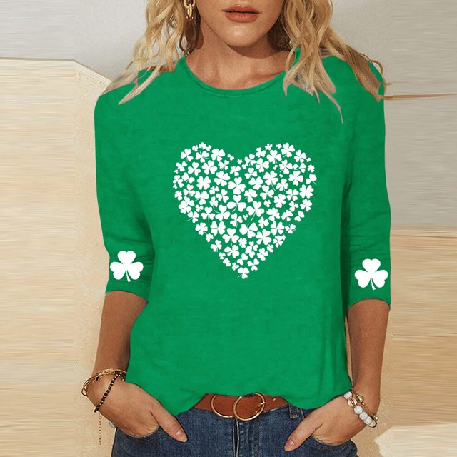 Mceream T-Shirt à Manches 3/4 pour la Saint-Patrick, Hauts pour Femmes, Printemps, Col Rond, T-Shirts Décontractés, Blouses à Imprimé Floral, T-Shirts Graphiques, Tenues d'Été, Hauts Boho, Grande Taille, Chemises à Imprimé Trèfle, Vert G