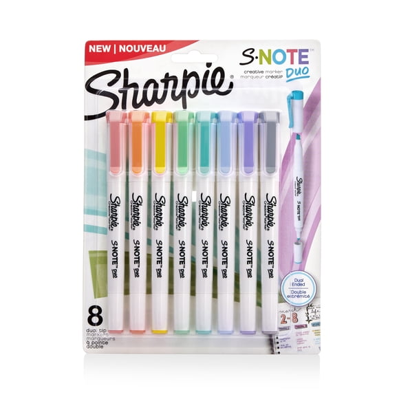 Marqueurs créatifs Sharpie S-Note Duo à deux pointes, partie surligneur, partie outil artistique, 8 couleurs assorties, pointe fine et pointe biseautée