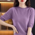 thumbnail image 4 of AherBiu Hauts d'Été pour Femmes Col Rond Manches Mi-Longues Chemises Unies Décontractées Coupe Ample T-Shirts Basiques Blouses, 4 of 4