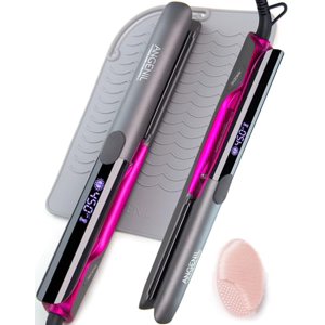 ANGENIL Lève-cheveux et curler professionnels en titane plat en fer 2 en 1, Lève-cheveux double tension pour les femmes, 20S Fer plat à chauffage rapide 1-inch avec anti-échaudage et