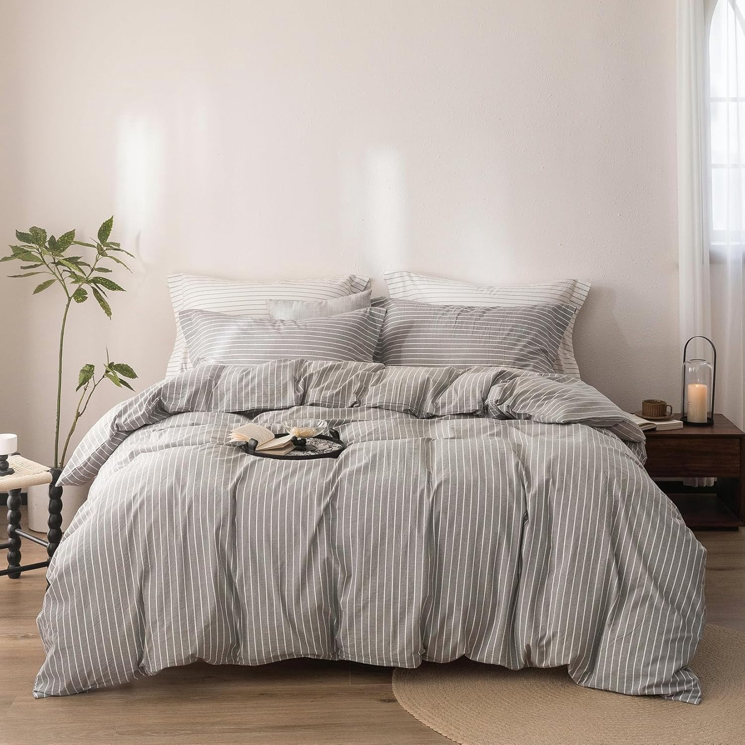 Stripe Duvet Cover Super King Plus Size 120inch x 120inch, 100% Washed Cotton Linen Feel Duvet Cover with Zipper Closure and 2 Pillowcases, Color of Grey-White Stripe