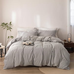 Stripe Duvet Cover Super King Plus Size 120inch x 120inch, 100% Washed Cotton Linen Feel Duvet Cover with Zipper Closure and 2 Pillowcases, Color of Grey-White Stripe