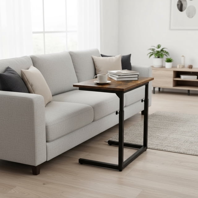 Tinymod C-Shaped Sofa Side Table for Couch & Bed, Height Adjustable Laptop Table, Rustic Brown
