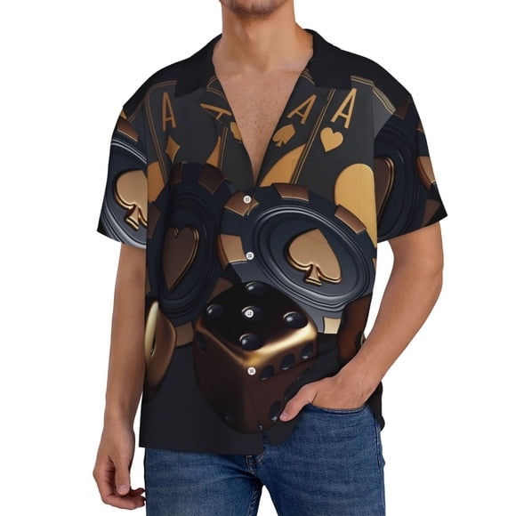 Vsdgher Casino Cards Poker Print Men's Cuban Shirt, Hawaiian Shirts, Business Casual Button Down Shirts, Short Sleeve Shirt-XX-Large