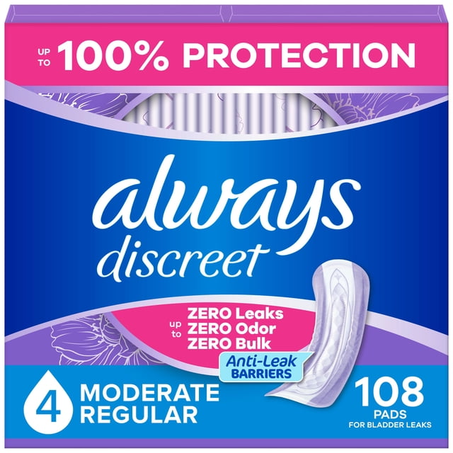 Always Discreet Adult Incontinence Pads for Women, Moderate Absorbency, Regular Length, Postpartum Pads, 108 CT