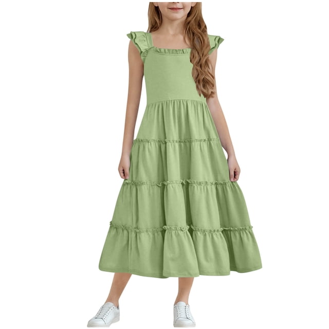 Diufon Robe Maxi pour Filles Été Décontractée Manches Courtes Robe Ligne A Ourlet à Volants Robe Fluide pour Préadolescentes 3-13 Ans