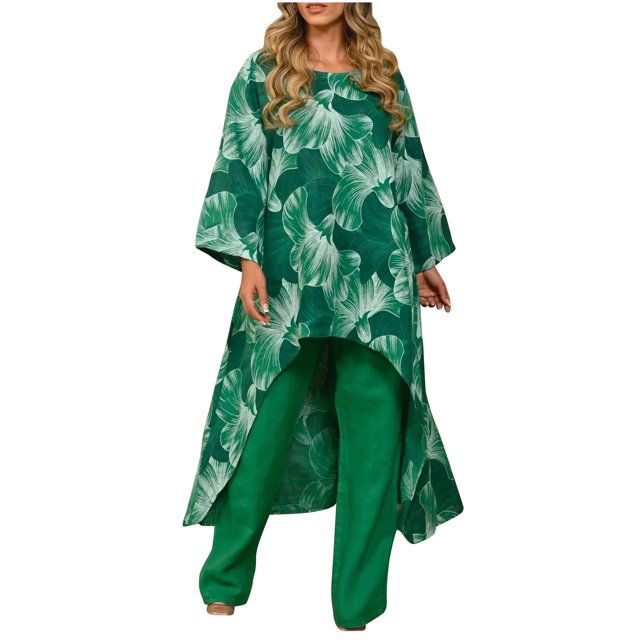 Mikilon Ensemble Élégant pour Femmes 2 Pcs Été Imprimé Irrégulier Pull Manches Longues Col Rond Vert 3TG