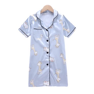 YTDSCS 3-10T Girls Satin Pajamas Dress for Kids Baby Toddler Short Sleeve Nightgown Button-Down Silky Sleepwear Nightshirt Sleep Dresses