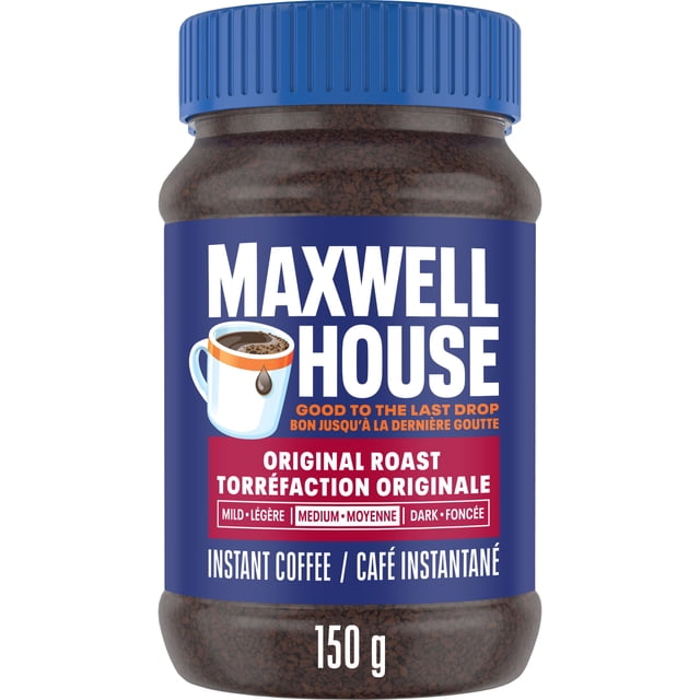 Maxwell House Original Roast Instant Coffee 150 g jar with blue screw-on lid and label, containing medium roast instant coffee granules, labeled in English and French, ideal for quick preparation by stirring into hot water or milk.