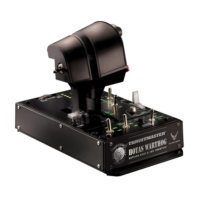 Thrustmaster HOTAS Warthog Dual Throttles (PC) flight controller with dual matte black throttles featuring push-pull afterburner control, multiple metal toggle switches, and a backlit control panel with green labels, replicating the USAF A-10C throttle for immersive PC flight simulation.