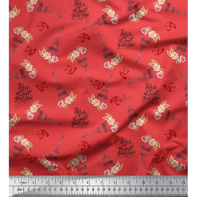 Soimoi Poly Georgette Fabric Text,Floral & Eiffel Tower Architectural Print Fabric by the Yard 52 Inch Wide