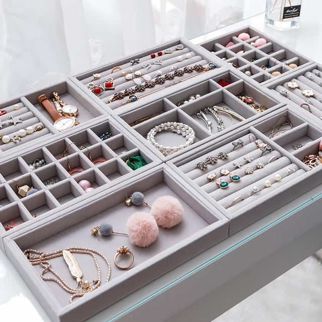 Meitianfacai Stackable Jewelry Storage Trays Organizer Jewelry Storage Display Trays for Drawer, Earring Necklace Bracelet Ring Organizer,Removable Easy to Clean