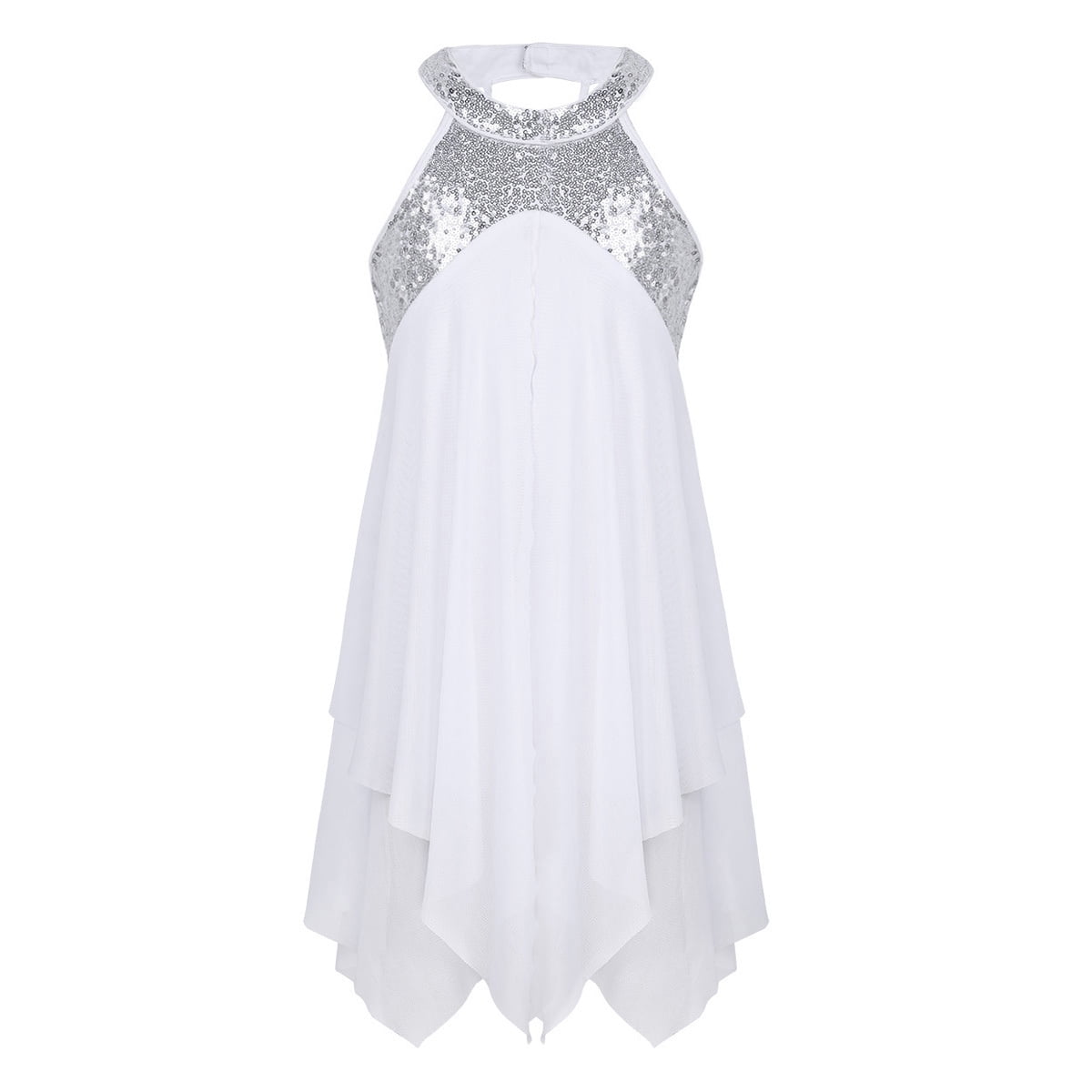 TSSOE Robes de Danse Ballet pour Filles Enfants Paillettes Costumes de Danse Moderne Contemporaine Justaucorps-Robe Sans Manches Blanc 16