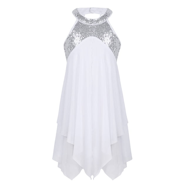 TSSOE Robes de Danse Ballet pour Filles Enfants Paillettes Costumes de Danse Moderne Contemporaine Justaucorps-Robe Sans Manches Blanc 16