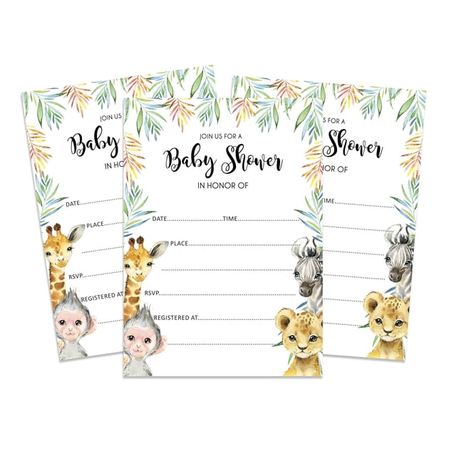 Inkdotpot 30 Fill In StyleBaby Shower Invitation Cards Safari Jungle Animals Blank Invites