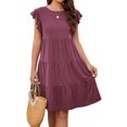 thumbnail image 1 of Femmes Été Volant Manches Mini Robe Couleur Unie Décontractée Swing Fluide une Ligne Plissé Plage Robe de Soleil, 1 of 7