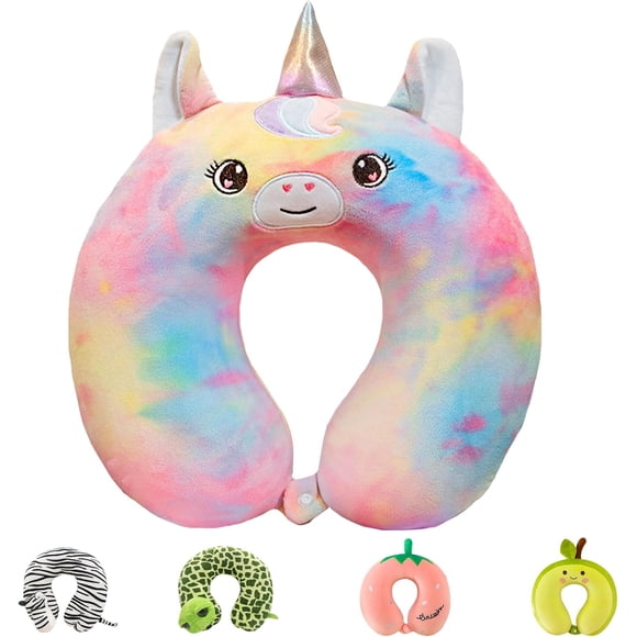 Kids Travel Pillow, Memory Foam Travel Neck Pillow, U-Shaped Airplane Pillow, Travel Neck Pillow, Girls Unicorn Travel Pillow Removable for Airplane, Car, Office, Home
