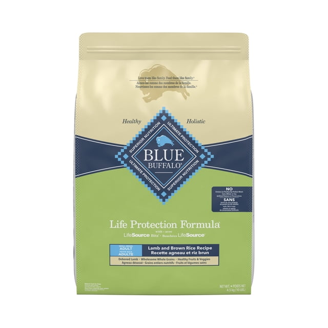BLUE Life Protection Formula Small Breed Adult Lamb & Brown Rice Dry Dog Food bag with beige, navy blue, and green colors featuring the Blue Buffalo logo. Contains deboned lamb, whole grains, and antioxidant-rich LifeSource Bits to support immune health and energy needs of small breed adult dogs.