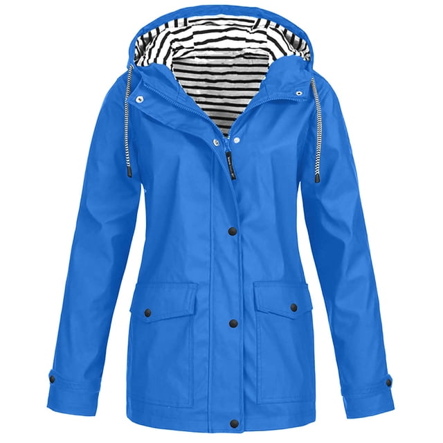 WEIYLL Womens Fleece Jacket Plus Outdoor Windproof Hooded Solid Color Raincoat Blue Cold Weather Tops Size XL