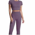 thumbnail image 4 of Tenue d'Été Décontractée pour Femme à Manches Courtes, Col Rond Uni, Taille Élastique, Haut Taille Haute, Pantalon long, Gris Foncé_aa S, 4 of 4