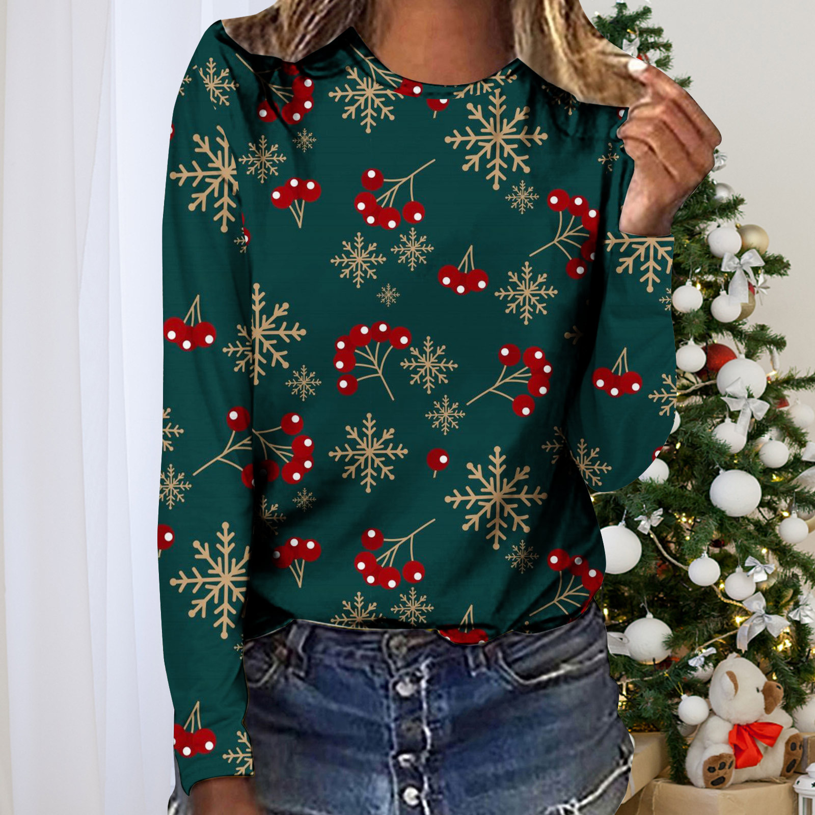 XZNGL T-Shirts pour Femmes Coupe Ample Noël Femmes Décontracté Manches Longues Imprimé Col Rond T-Shirt Ample Blouse Hauts Col Montant Hauts pour Femmes T-Shirts Femmes Coupe Ample T-Shirts pour Femmes Coupe Ample