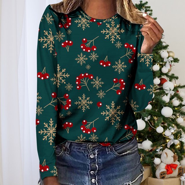 Hauts de Sortie Noël Femmes Manches Longues Décontractées Imprimé Col Rond T-Shirt Ample Blouse Hauts Blouses d'Été en Liquidation