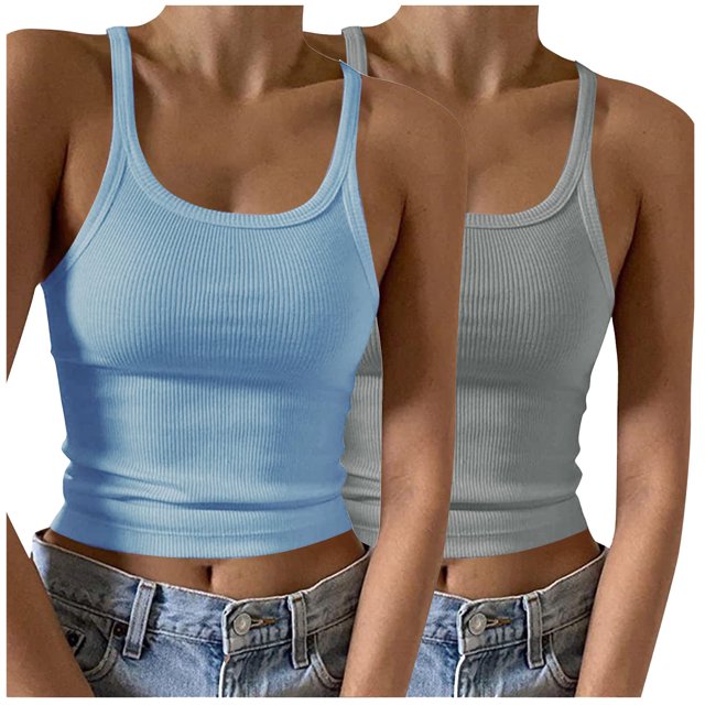 Timegard Camisoles 2 Pcs pour Femmes Col Rond Côtelé Sans Manches Ajusté Court Haut Décontracté Sortie Camis