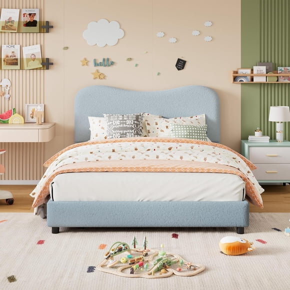 Full Blue Boucle Upholstered Bed Frame – Soft Low Profile Platform, Sturdy Wooden Slats, Rounded Corners, Noise-Free, Easy Assembly