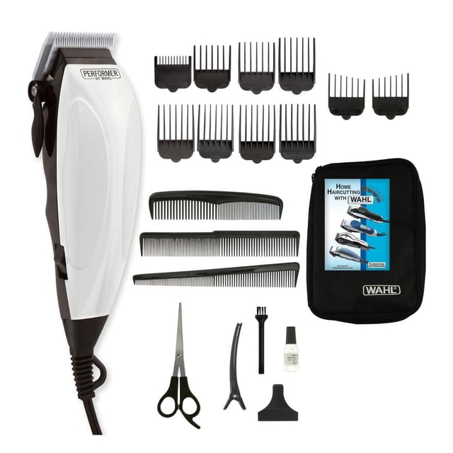 Wahl Performer Home Haircut Kit with Precision Steel Blades and 10 Guide Combs – 3160 showing a white and black corded clipper with self-sharpening steel blades, ten black guide combs for different hair lengths, three black styling combs, barber scissors, hair sectioning clip, cleaning brush, blade oil, and a black zippered storage case with Wahl branding on a white background.