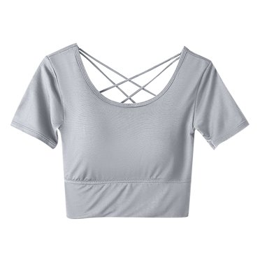 Besolor T-Shirts Courts à Manches Courtes pour Femmes, Col Ras du Cou, Dos Croisé, Rembourrés, Été, Grande Taille, Entraînement, Yoga, Basiques