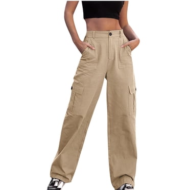 Mrat Pantalon pour Femmes Pantalon Décontracté pour Femmes Élastique à Bouton Poche Taille Haute à Cordon Jambe Grand Pantalon de Travail Pantalon Évasé pour Femmes S-470 Kaki TG