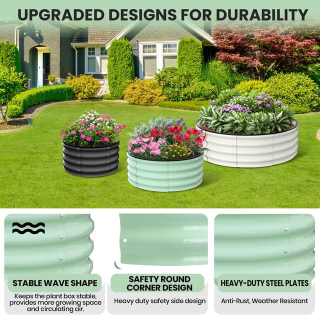 Kojooin Round Galvanized Raised Garden Bed - 2FT/3FT/4FT Sizes - Outdoor Flower & Vegetable Bed - Heavy - Duty & Open - Bottom Design