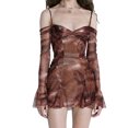 thumbnail image 1 of Women Mesh Mini Dress Vintage Printed Long Sleeve Off Shoulder Backless Ruched Bust Summer Beach Streetwear, 1 of 6