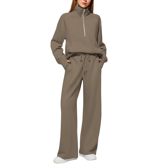 Women's Fall Matching Set - Half Zip Sweatshirt & Wide Leg Sweatpants - Casual Oversized Outfit S-XXL