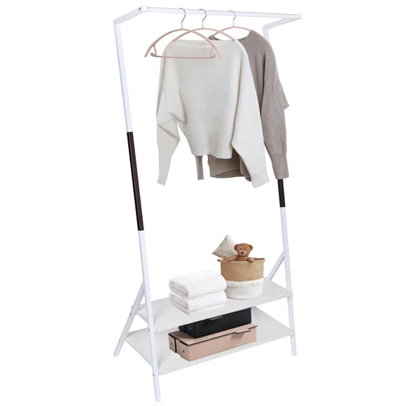 Metal Clothes Rack, Z-Frame Garment Rack Hanging Clothing Shelf with 2-Tier Storage Shelves, White